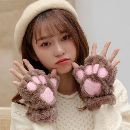 Gants demi-doigts en peluche pour étudiants automne et hiver en forme de patte de chat pour hommes et femmes