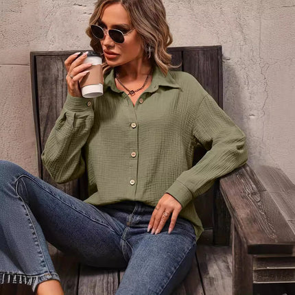 Women's Solid Color Front Button Drop Shoulder Shirt