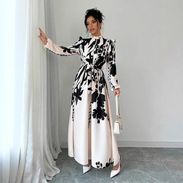 Flower Waist Long Sleeve A- Line Dress