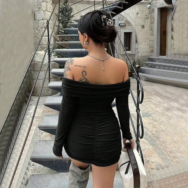 Off-neck Dress High Waist