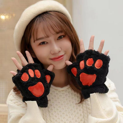 Gants demi-doigts en peluche pour étudiants automne et hiver en forme de patte de chat pour hommes et femmes