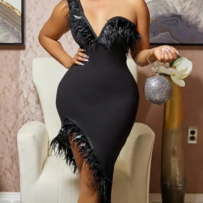 V-neck Sleeveless Chest Feather Evening Dress