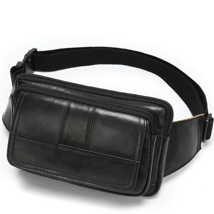 Leather Men's Head Leather Waist Bag with Zipper Pockets and Cowhide Material