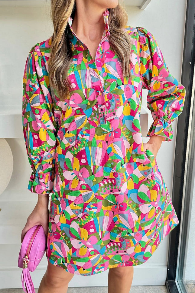 Lantern Sleeve Buttoned Mini Dress