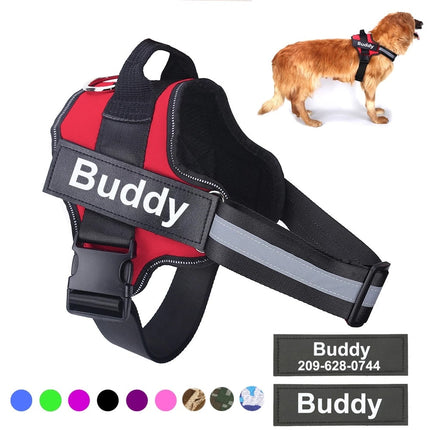 Personalized no-pull dog harness with customized name, reflective straps, and adjustable fit.