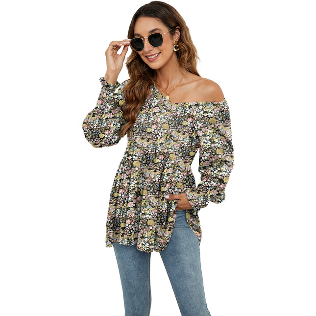 Long Puff Sleeve Floral V-Neck Blouse