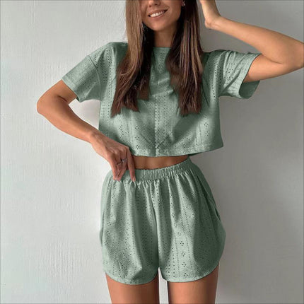 2pcs Casual Hollow Suit with Short Sleeves