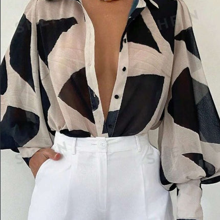 Geometric Print Lantern Sleeve Blouse