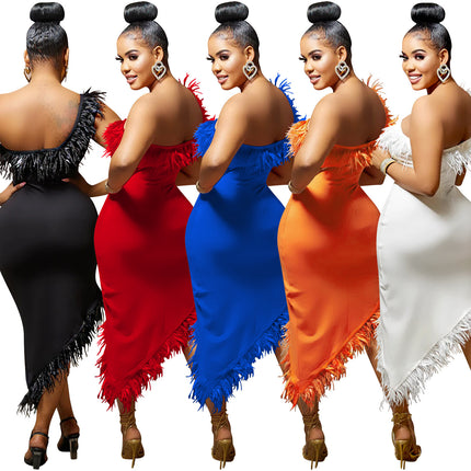 V-neck Sleeveless Chest Feather Evening Dress