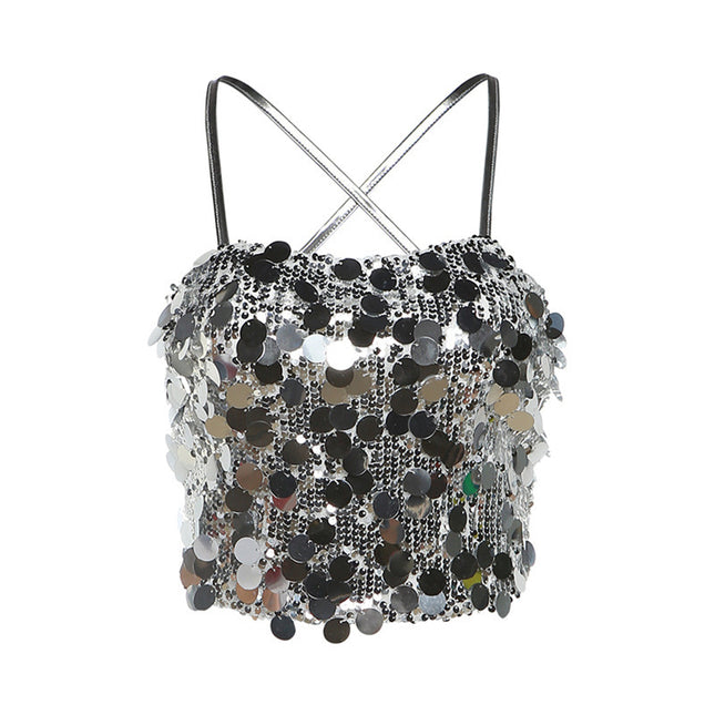 Sequined Sexy Halter Lace-Up Vest