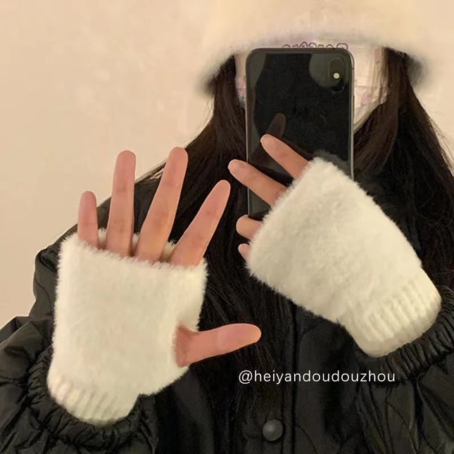 Gants tricotés thermiques à demi-doigts de style coréen pour l'automne et l'hiver