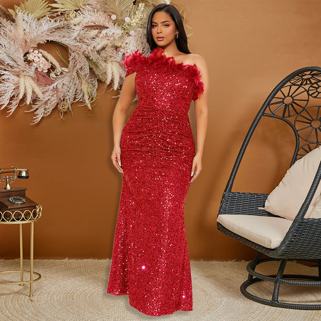 Black Paillette Feather Stitching Sequin Sexy Evening Dress