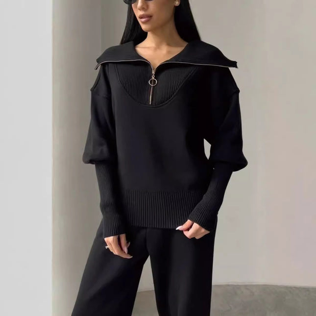 Long Sleeve Suit Zipper Lapel Top And Drawstring Trousers