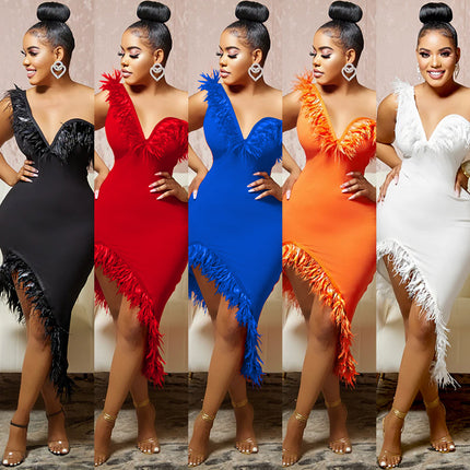 V-neck Sleeveless Chest Feather Evening Dress