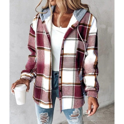 Women's Wear Solid Color Plaid Hooded Jacket