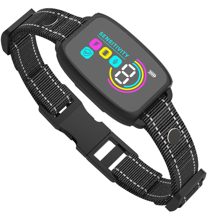 Anti-bark dog collar with adjustable sensitivity and LCD screen.