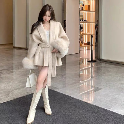 Cuff Detachable Fox Fur Elegant Double-sided Cashmere Coat